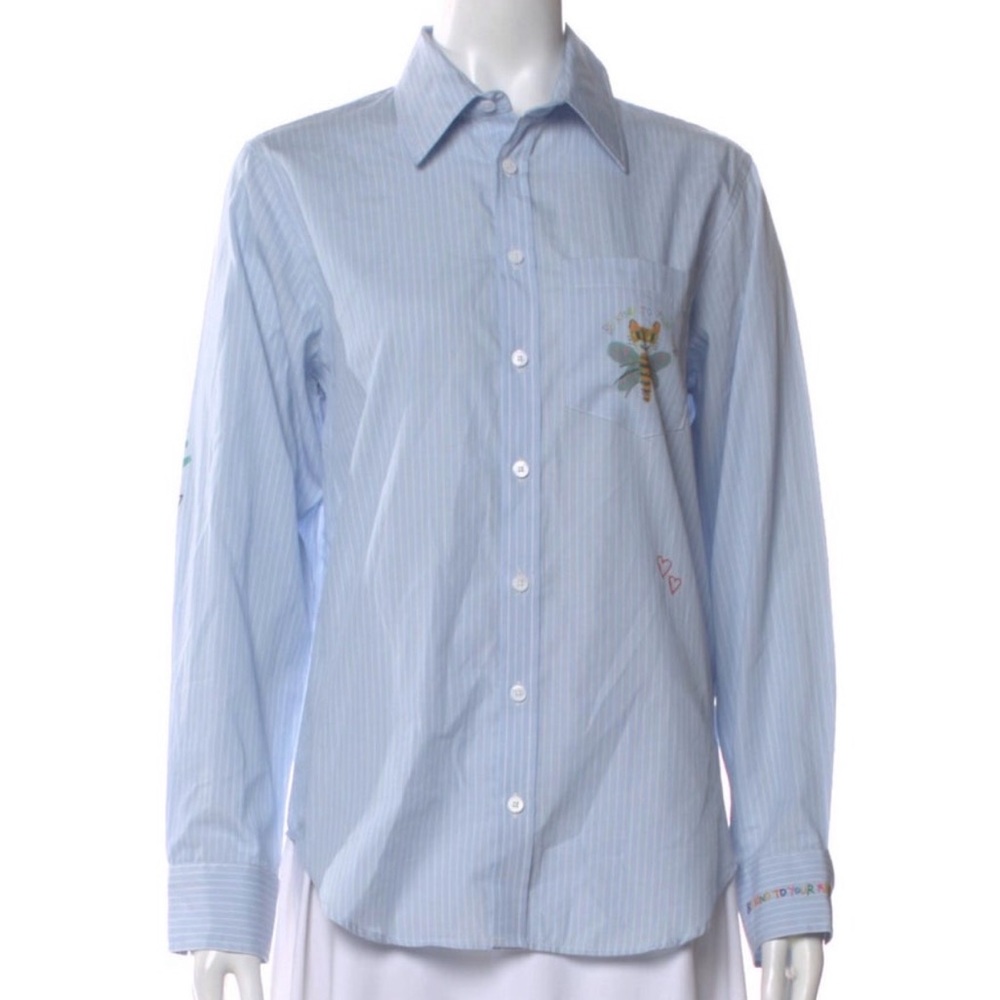 Zadig & Voltaire Light Blue Pinstripe Shirt with Graffiti Doodle Art